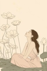 A minimal single line art of a woman enjoying a peaceful moment beside a pond covered in lotus flowers, embodying tranquility and beauty, hand-drawn style minimalist line art, beige