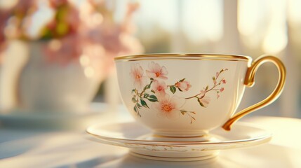 Fototapeta premium Elegant floral teacup bathed in warm morning sunlight, AI