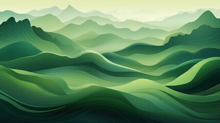 Artistic green background illustration presenting a sweeping view of undulating hills and towering mountains,