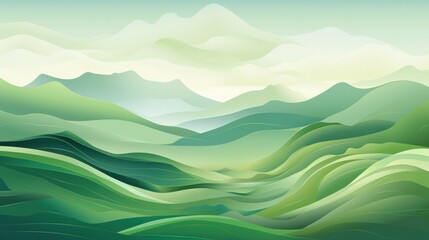 Obraz premium Artistic green background illustration presenting a sweeping view of undulating hills and towering mountains,