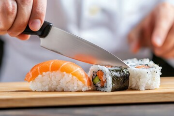 Chef slicing sushi rolls with a sharp knife on a wooden board.