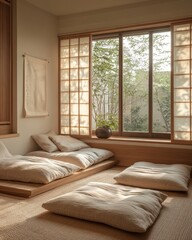 Fototapeta premium Minimalist Japanese Futon Bedroom with Natural Light - Perfect for International Minimalism Day and Earth Day