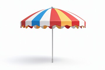 Obraz premium Colorful beach umbrella with red, blue, and yellow stripes on a white isolated background.