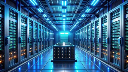 Futuristic sci-fi cryptocurrency mining server room with advanced IT technology ,  render