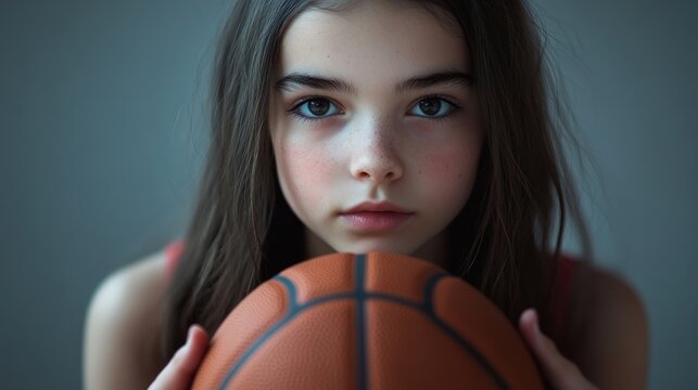 Intense Adolescent Female Basketball Player Portrait with Hyper-Realistic Details on Gray Background
