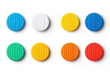 Fototapeta premium Colorful round tokens in vibrant hues on a white isolated background.