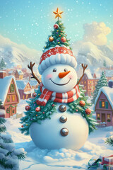 Obraz premium Snowman with Christmas tree decoration and winter background