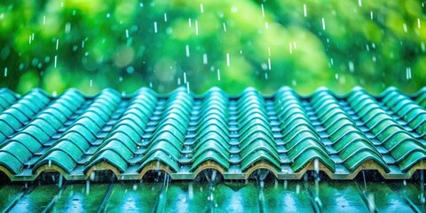 Obraz premium roof with green and blue colors, raindrops, and blurred cloud background, green, blue,roof, raindrop, blurred, cloud