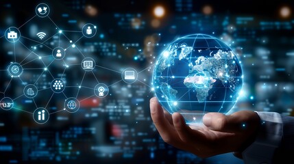 A hand holding a digital globe connected by lines to various icons representing technology.