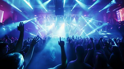 A vibrant concert scene with a crowd enjoying a live music performance under colorful lights.