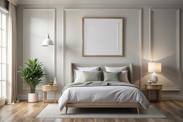 Stylish simplicity muted decor surrounds white frame mockup in bedroom wide-angle