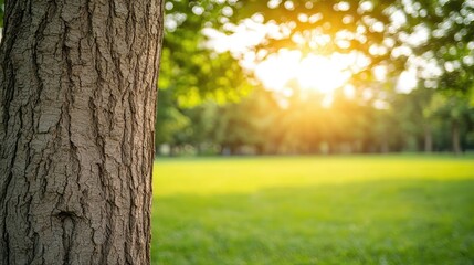 Fototapeta premium Close-up of a tree trunk with sunlight shining through lush green foliage.