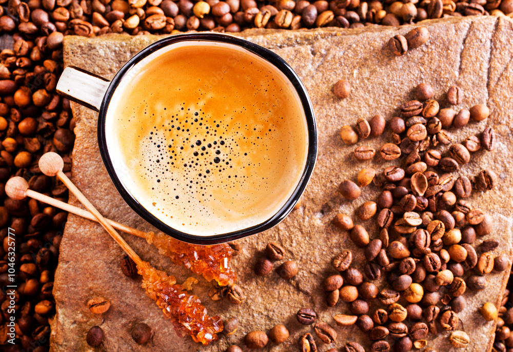 Poster View from above, High Quality Colombian Coffee Beans, with full hot cups.