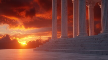 Obraz premium Dramatic sunset view behind ancient columns, showcasing architectural beauty against a colorful sky.