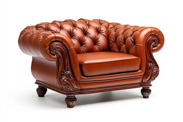 Obraz premium Elegant brown leather armchair with tufted design, ideal for luxurious interiors, isolated on white background.