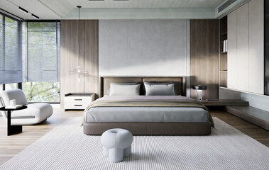 Modern bedroom furniture with a bed and wardrobe, large window