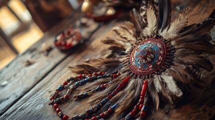 A ceremonial headdress adorned with feathers and beads, lying on a wooden table