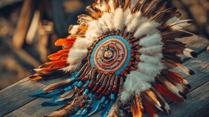 A ceremonial headdress adorned with feathers and beads, lying on a wooden table