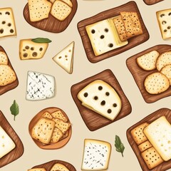 Vintage cheese and crackers on board pattern on vintage beige fabric background, seamless repeating pattern, textile print style, minimal, seamless food dish pattern design, kitchen decor, dining