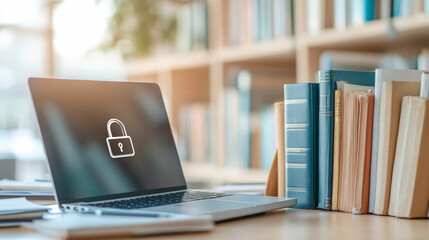 A laptop with a lock icon on its screen sits on a desk surrounded by books, symbolizing cybersecurity and data protection in a library setting.