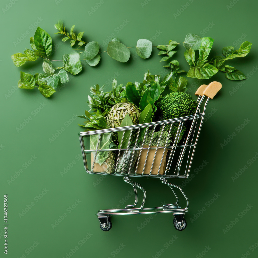 Wall mural shopping cart filled with fresh green vegetables and leafy plants against green background, symboliz