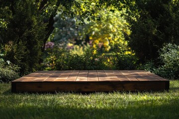 Naklejka premium Serene wooden deck surrounded by lush greenery