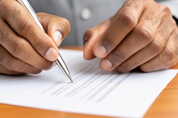 Naklejka premium Hands writing on a document with a pen on a wooden surface.