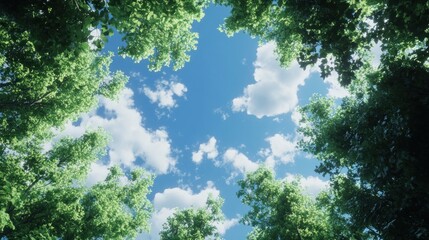 A forest with a blue sky and trees. The trees are green and the sky is clear