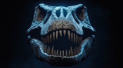 Realistic dinosaur skull, dark background, dramatic lighting, detailed texture, prehistoric concept.