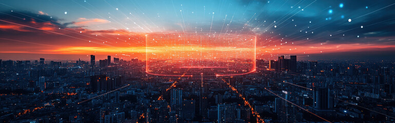 Obraz premium Cloud-based AI system, floating in the sky with data streams connecting to cities below