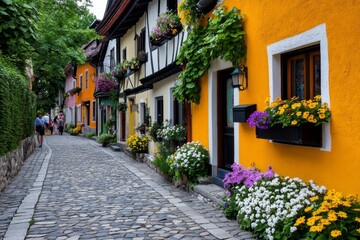 Obraz premium A whimsical village sidewalk in a fantasy world, with colorful, crooked houses, cobblestone streets, and enchanted lanterns lighting the way as people stroll through a magical marketplace, capturing