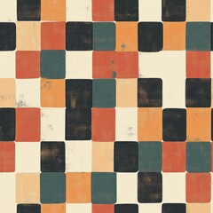 Fototapeta premium Vintage Folk Art checkerboard pattern on vintage beige fabric background, seamless repeating pattern, textile print style, minimal, Folk Art design, seamless checkerboard pattern, home decor