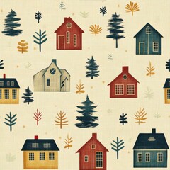 Fototapeta premium Vintage Folk Art house motif pattern on vintage beige fabric background, seamless repeating pattern, textile print style, minimal, Folk Art design, seamless house motif pattern, home decor, textiles 