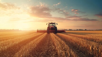 Obraz premium Modern agricultural tractor harvesting crops on a vast farmland, demonstrating advanced farming technology