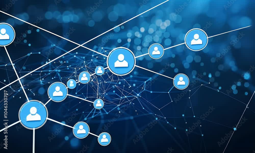 Wall mural abstract blue background with digital network connections and glowing dots on a dark gradient for te