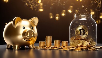 A gold piggy bank labeled 'Crypto,' surrounded by floating bitcoin symbols and a holographic financial chart in the background, symbolizing modern investments