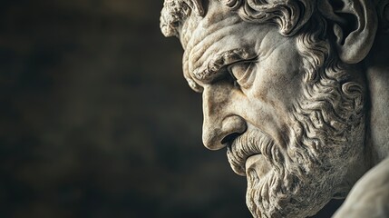 Obraz premium Majestic Marble Sculpture of an Ancient King: A Timeless Poster for Sports Interiors Showcasing Wisdom and Strength in Intricate Details Against a Dramatic Dark Background