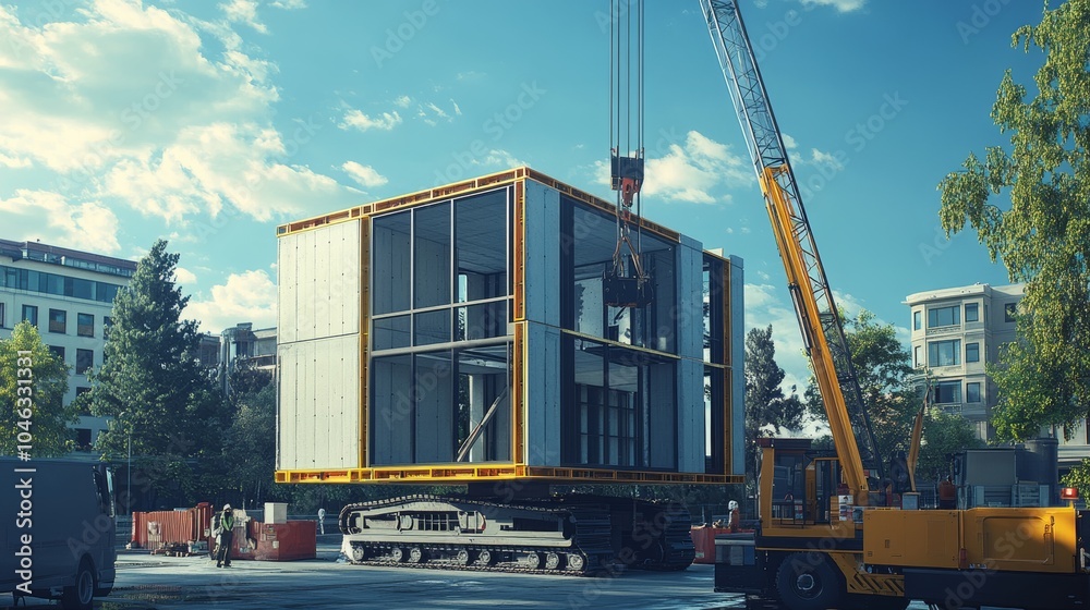 Poster Modular construction: A scene featuring modular construction, where building components are prefabricated off-site and assembled on location