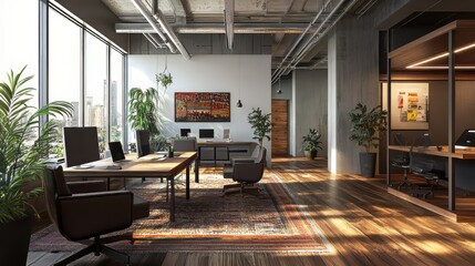 Obraz premium Modern office with collaborative spaces and productivity tools, fostering efficient work techniques. productivity tools. Ultra realistic. Photorealistic
