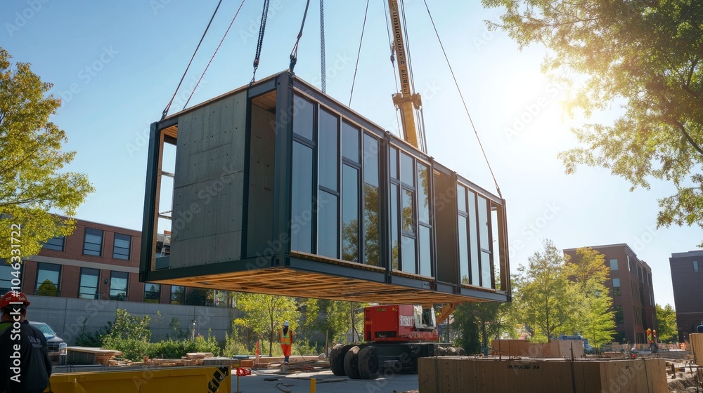 Poster Modular construction: A scene featuring modular construction, where building components are prefabricated off-site and assembled on location