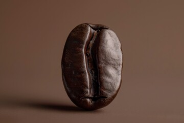 Naklejka premium Single roasted coffee bean standing vertically on a solid brown background in a studio setting.