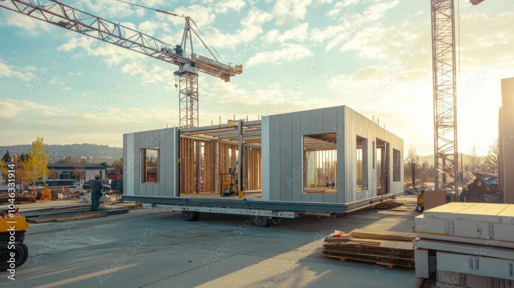 Poster modular construction: a scene featuring modular construction, where building components are prefabri