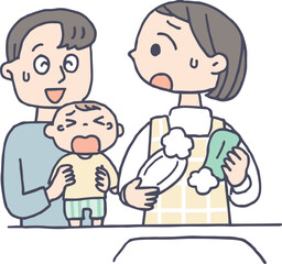 育児の手伝いをしてくれないお父さんと家事中のお母さん