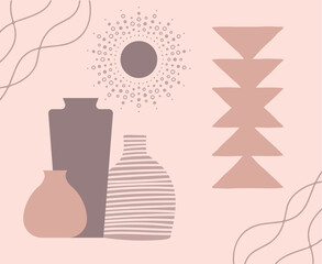 Minimalist Greek vase with boho shapes inn dark grey and pink with a light pink background