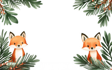 Watercolor nursery frame Hand painted christmas card of woodland border with baby animals in wild