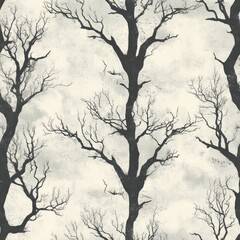 Obraz premium Vintage haunted forests and foggy pathways pattern on vintage grey fabric background, seamless repeating pattern, textile print style, minimal, Halloween design, seamless forest pattern,