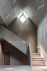 The image showcases a modern architectural design with geometric stairs, sharp angles, and filtered light from a triangular window creating an enigmatic goth ambiance.