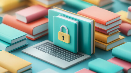 A laptop surrounded by colorful stacked books features a locked book, symbolizing digital knowledge security and the protection of online educational resources.