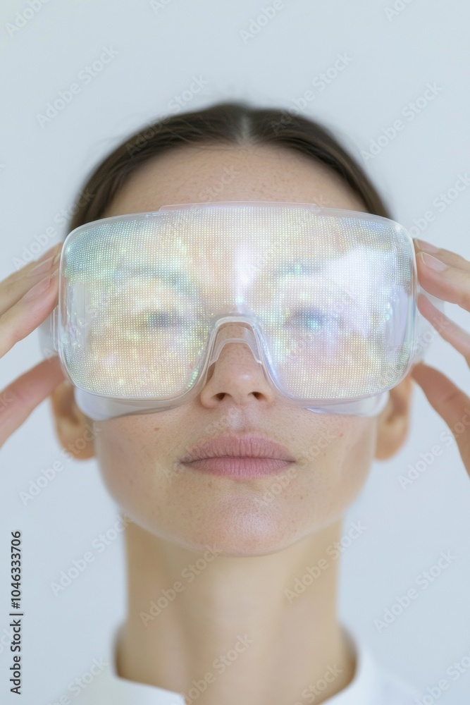 Aufkleber woman in high-tech augmented reality glasses exploring futuristic data visualization