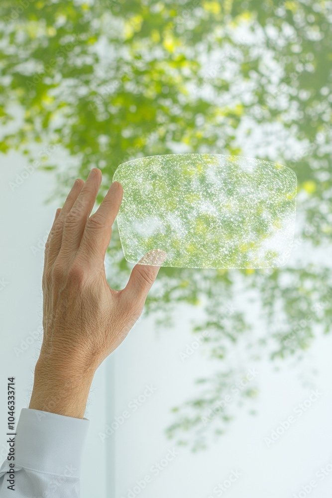 Aufkleber Hand Holding Transparent Interface with Nature Backdrop in Modern Tech Setting